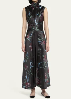 Giorgio ArmaniFloral Printed Maxi Silk Skirt with Pleated Center Panel