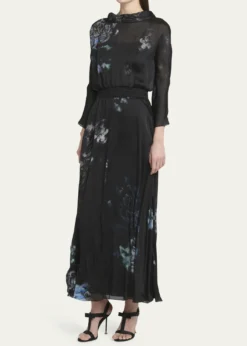 Giorgio ArmaniFloral Print Silk Gown with Smocked Waist
