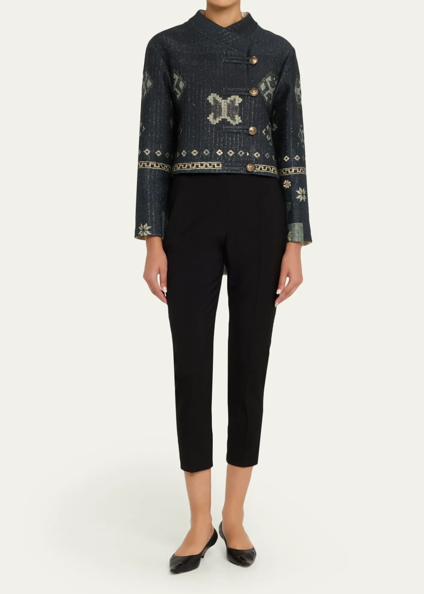 Giorgio ArmaniGeo-Print Metallic Pinstripe High-Low Caban Coat
