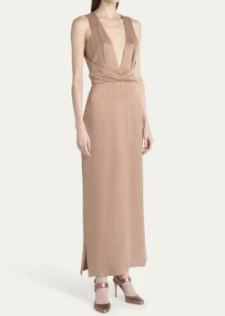 Giorgio ArmaniLong Crossover Back Slit Silk Dress