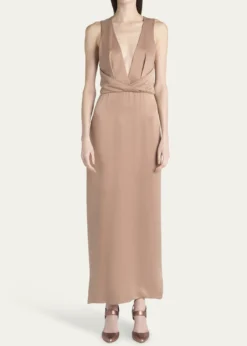 Giorgio ArmaniLong Crossover Back Slit Silk Dress