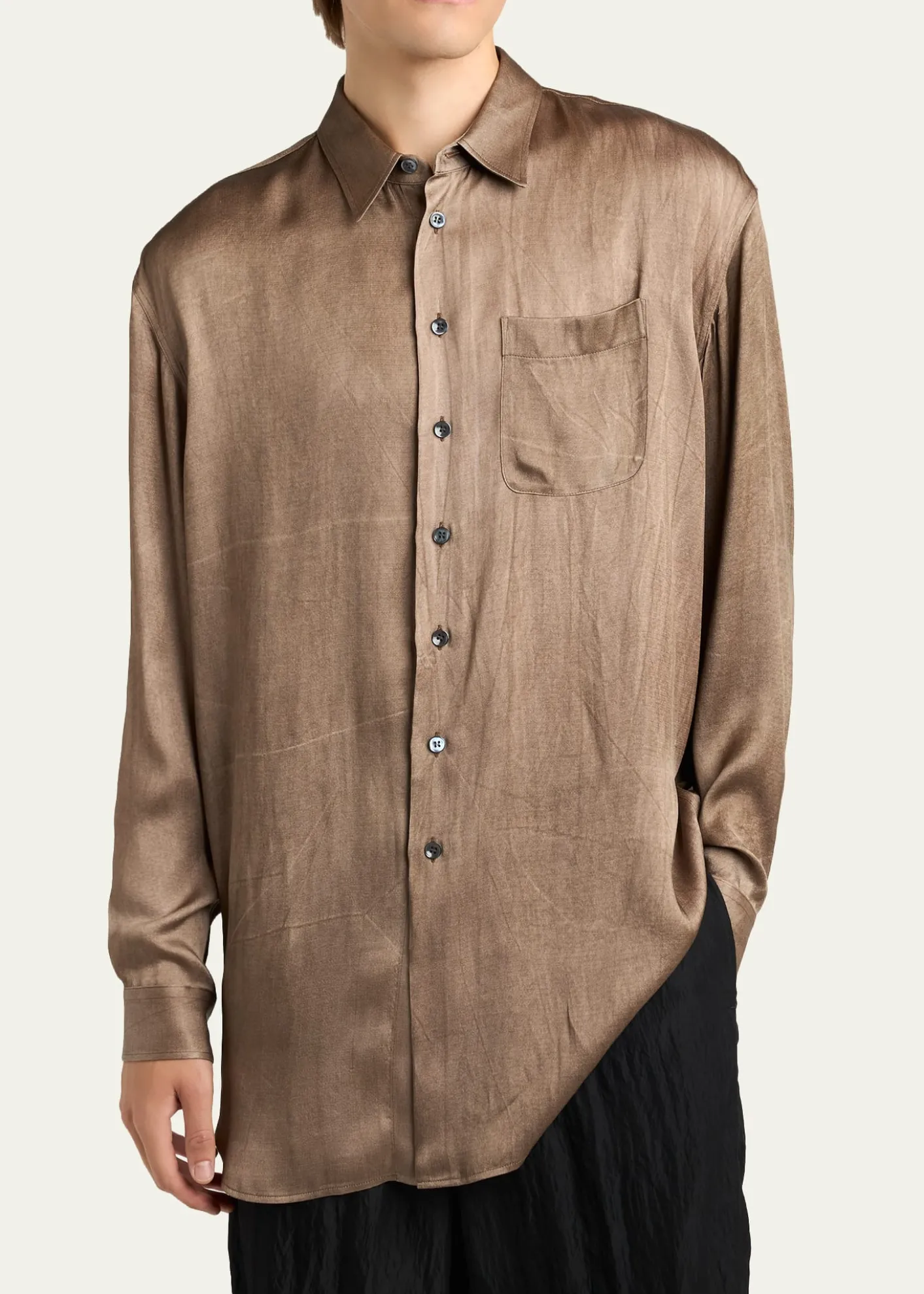 Giorgio ArmaniMen's Dyed Satin Oversized Button-Down Shirt with Pocket