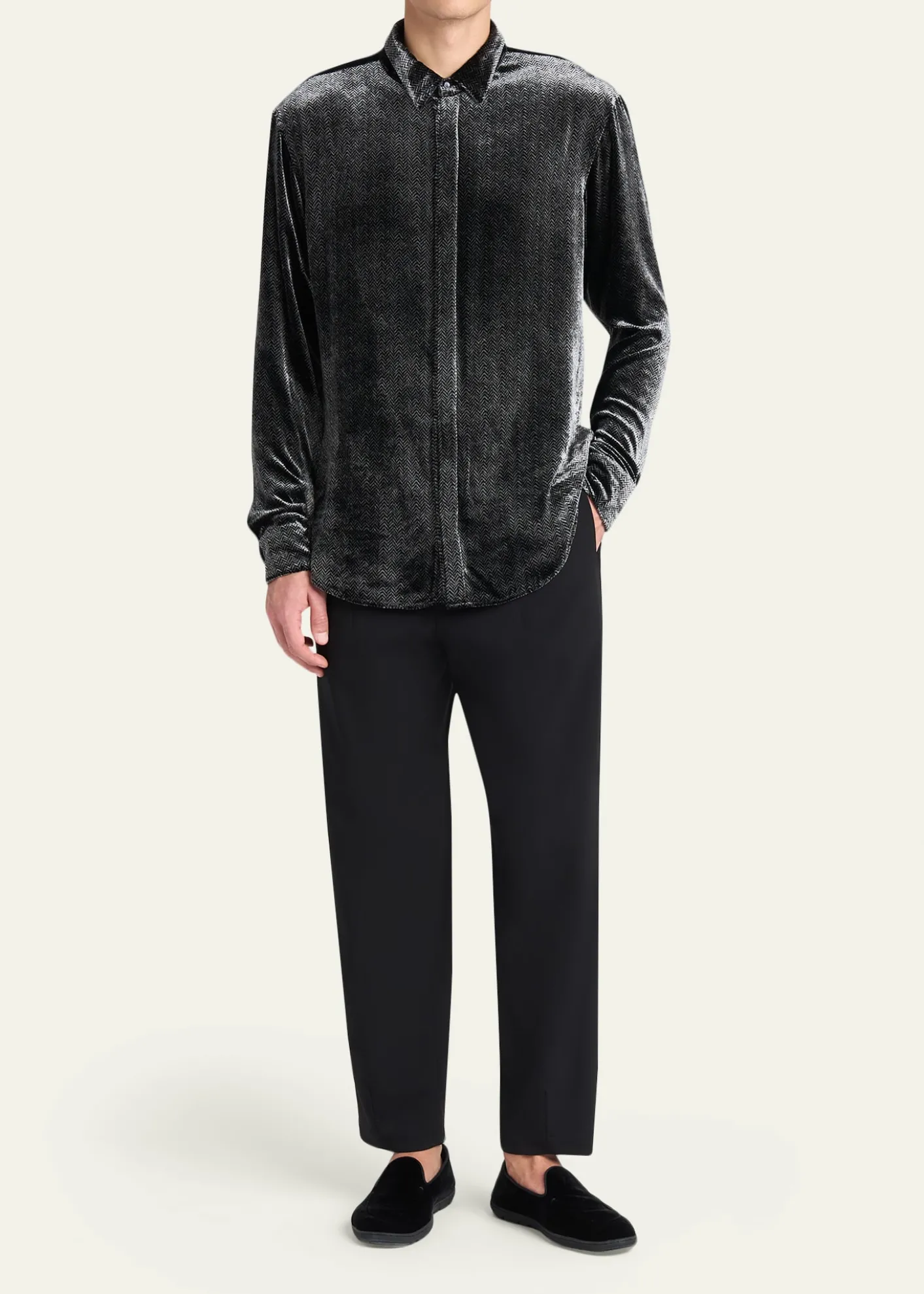 Giorgio ArmaniMen's Herringbone Velvet Concealed-Placket Tuxedo Shirt