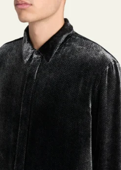 Giorgio ArmaniMen's Herringbone Velvet Concealed-Placket Tuxedo Shirt