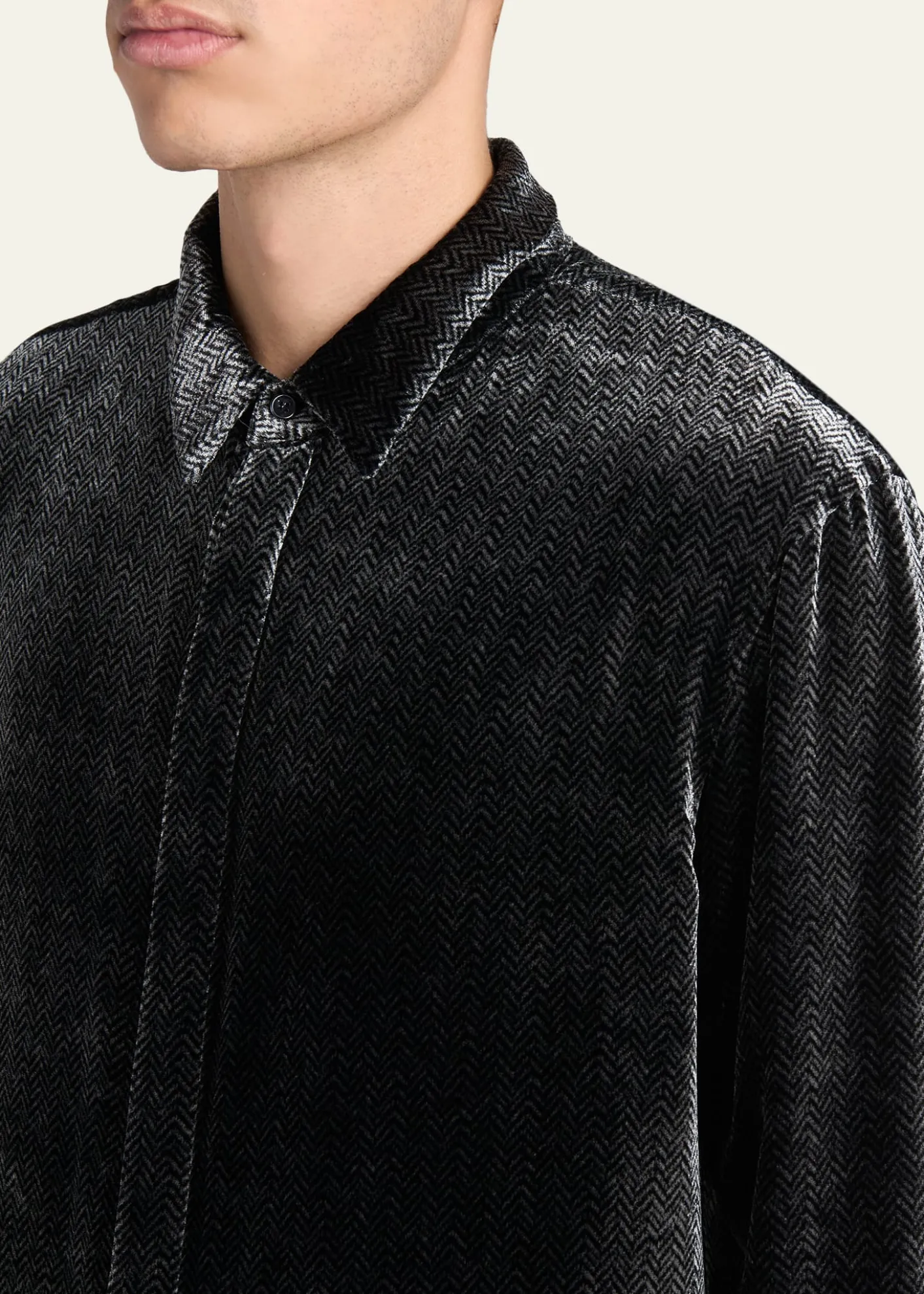 Giorgio ArmaniMen's Herringbone Velvet Concealed-Placket Tuxedo Shirt