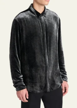Giorgio ArmaniMen's Herringbone Velvet Concealed-Placket Tuxedo Shirt