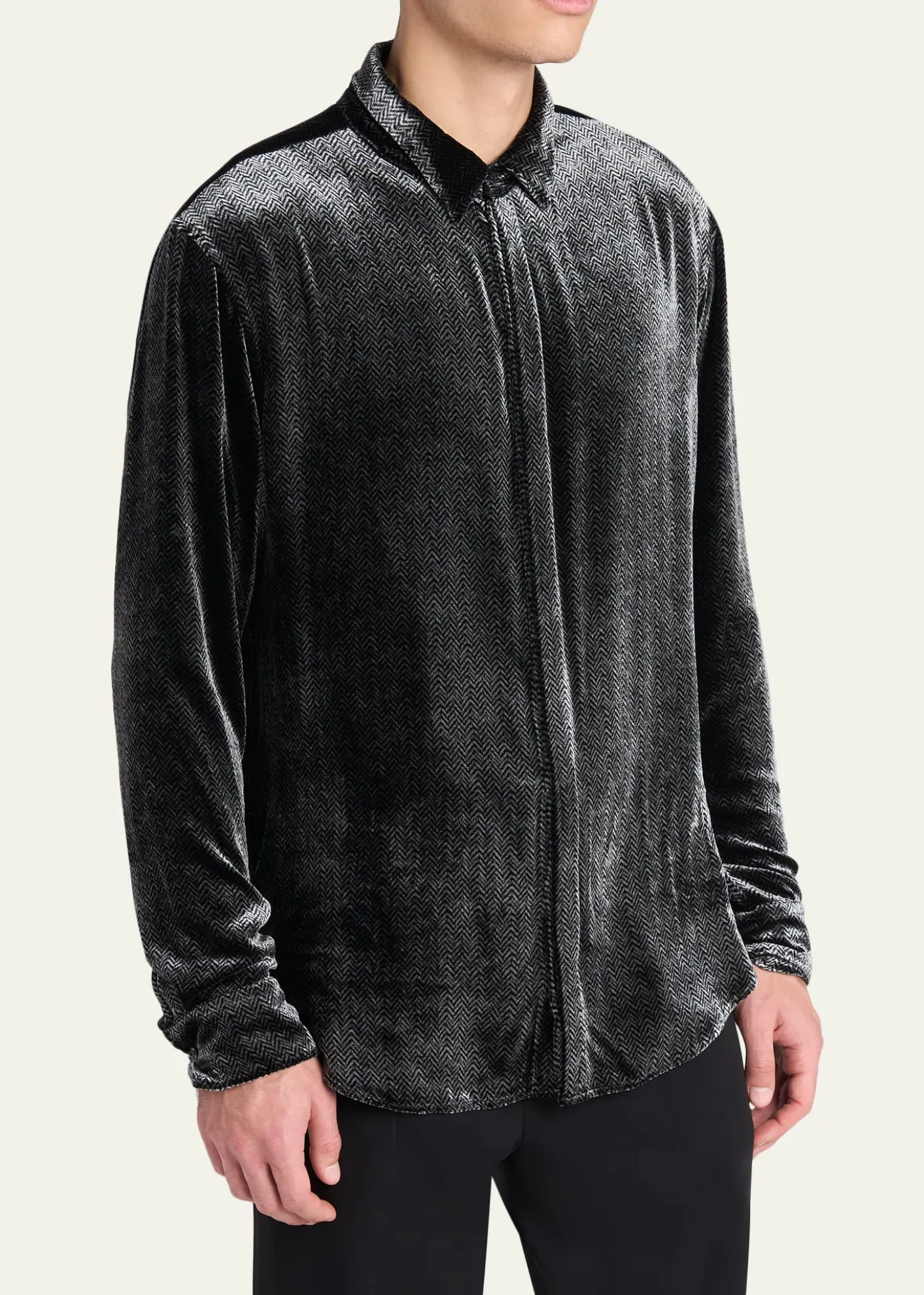 Giorgio ArmaniMen's Herringbone Velvet Concealed-Placket Tuxedo Shirt