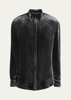 Giorgio ArmaniMen's Herringbone Velvet Concealed-Placket Tuxedo Shirt