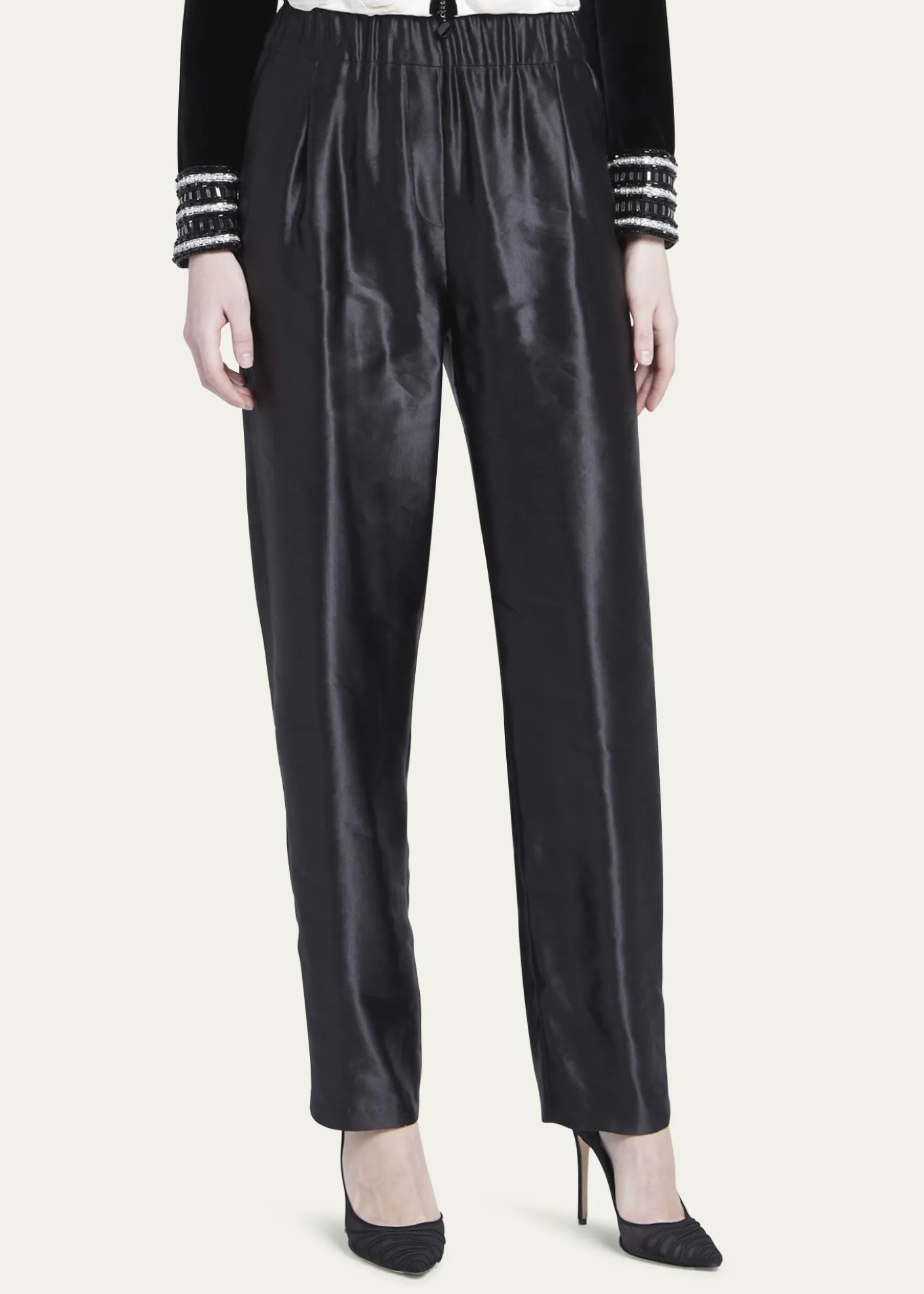 Giorgio ArmaniMetallic Linen-Silk Straight-Leg Pull-On Trousers