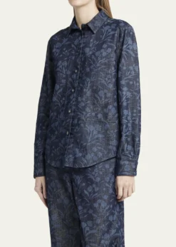 Giorgio ArmaniShiny Denim Floral Print Button-Front Shirt