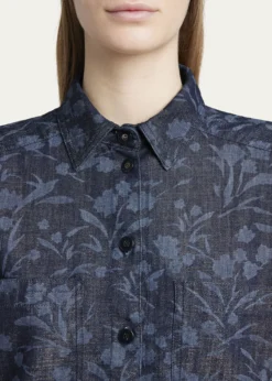 Giorgio ArmaniShiny Denim Floral Print Button-Front Shirt