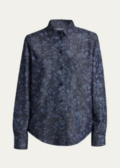 Giorgio ArmaniShiny Denim Floral Print Button-Front Shirt