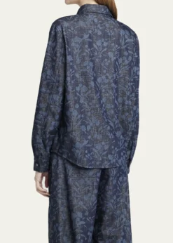 Giorgio ArmaniShiny Denim Floral Print Button-Front Shirt