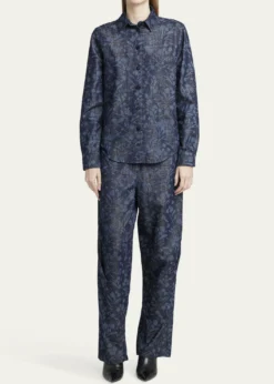 Giorgio ArmaniShiny Denim Floral Print Button-Front Shirt