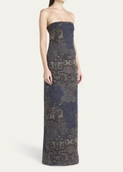 Giorgio ArmaniStrapless Tile-Print Silk Gown