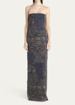 Giorgio ArmaniStrapless Tile-Print Silk Gown