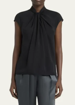 Giorgio ArmaniTwisted Cap-Sleeve Georgette Silk Blouse