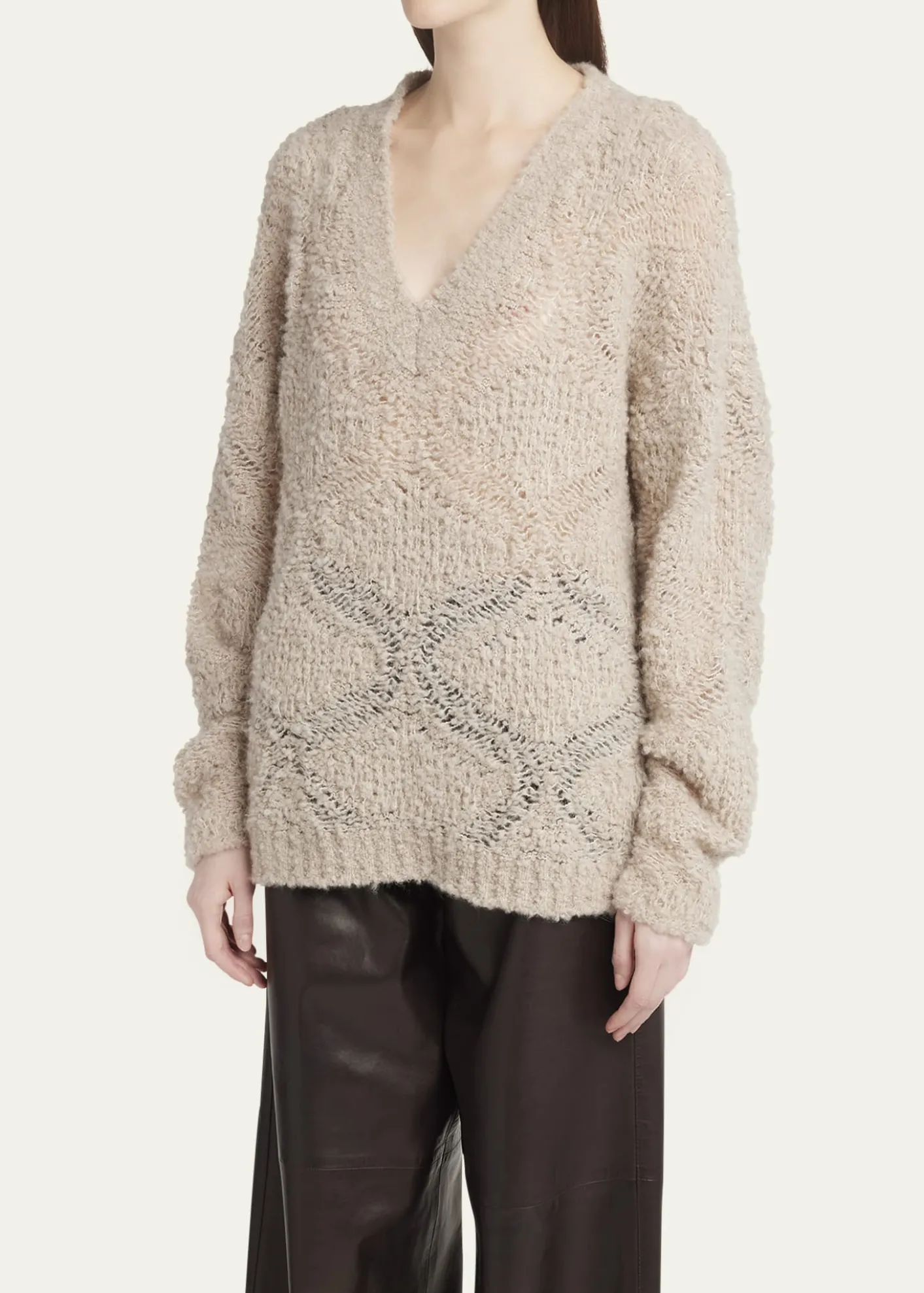 Giorgio ArmaniV-Neck Wool Cashmere Open-Knit Sweater