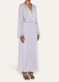 Giorgio ArmaniZip-Front Long-Sleeve Silk Chiffon Layered Gown