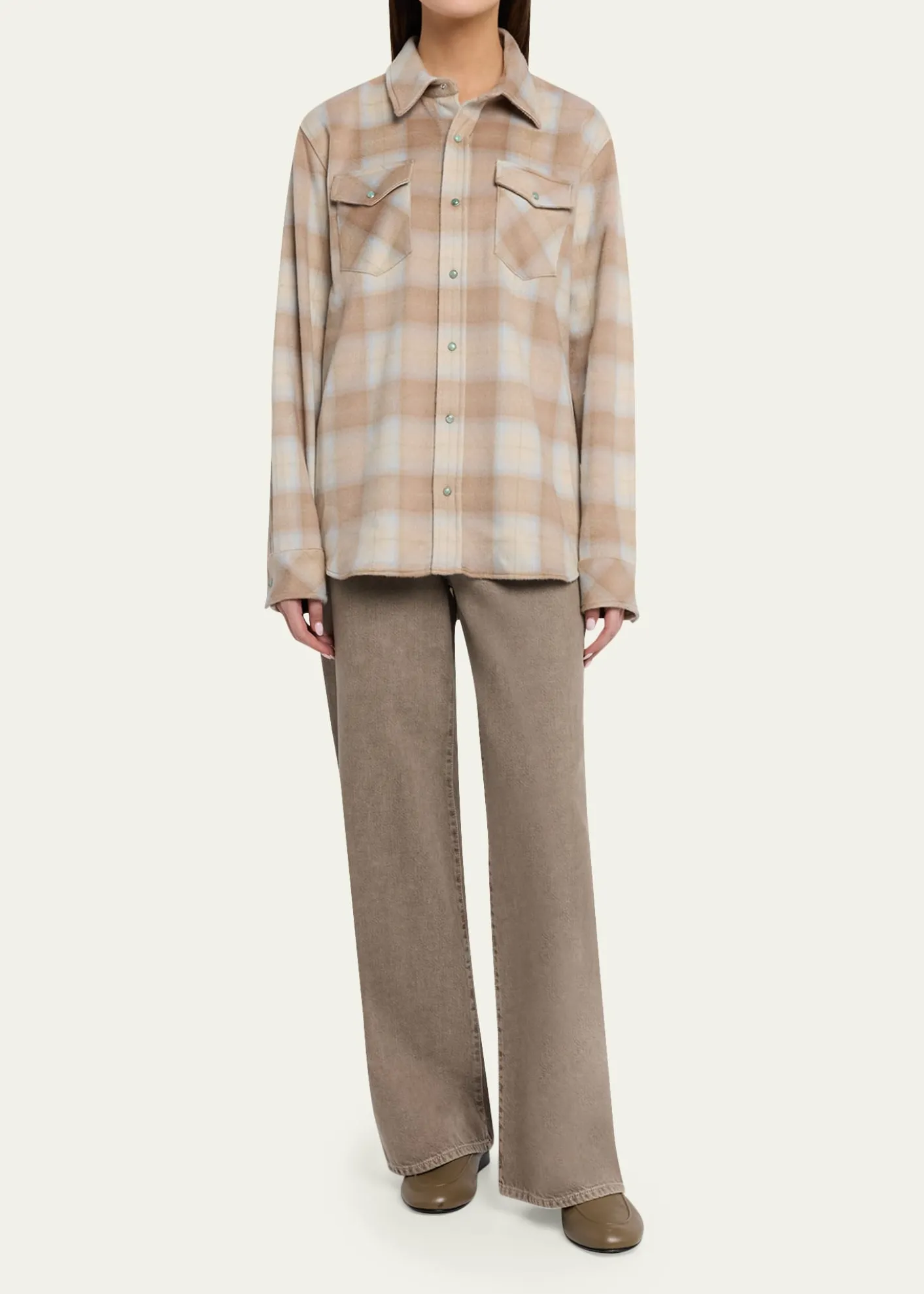 God's True CashmereChampagne Tartan Button-Front Cashmere Shirt