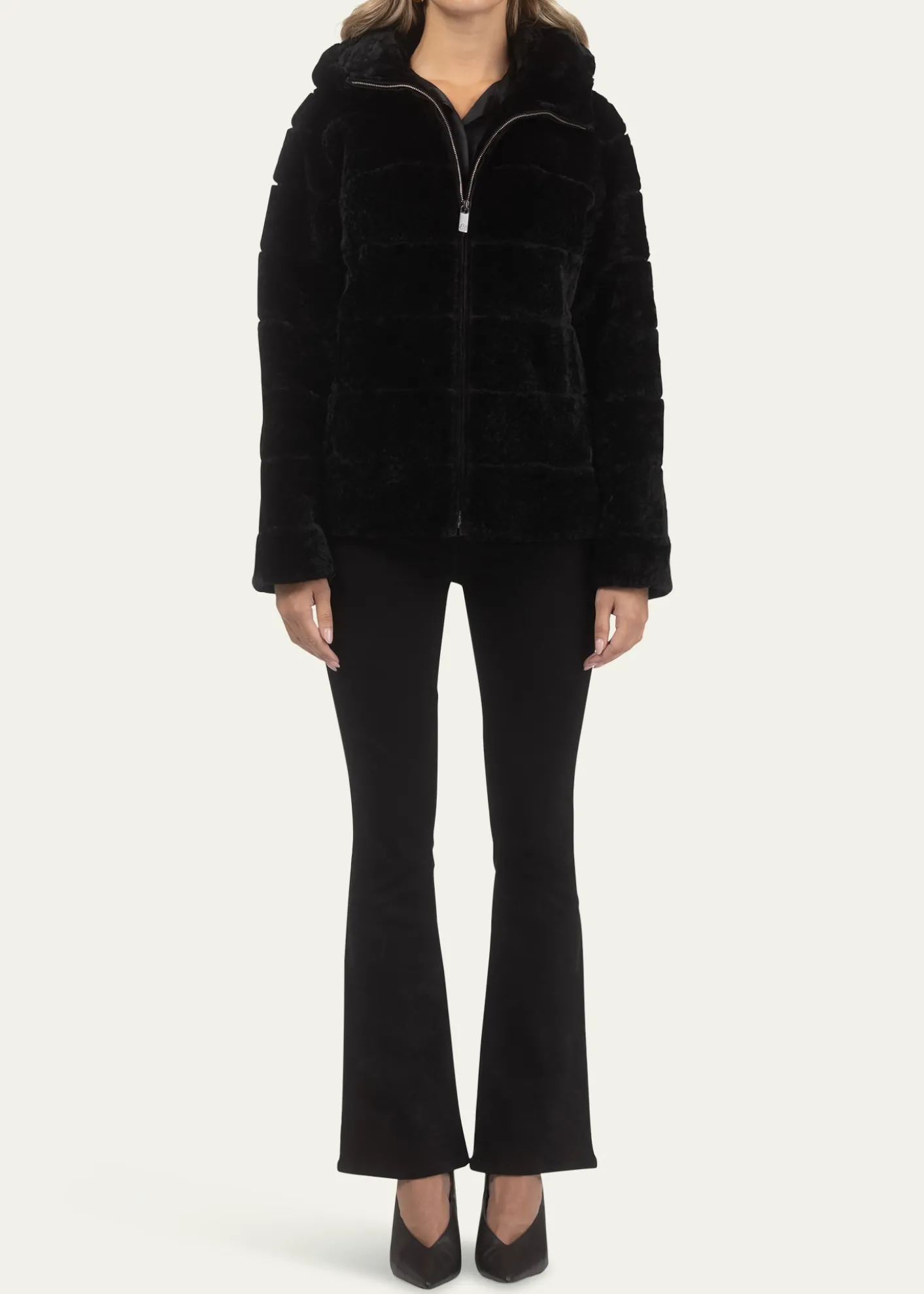 GorskiHorizontal Curly Shearling Lamb Zip Hooded Jacket