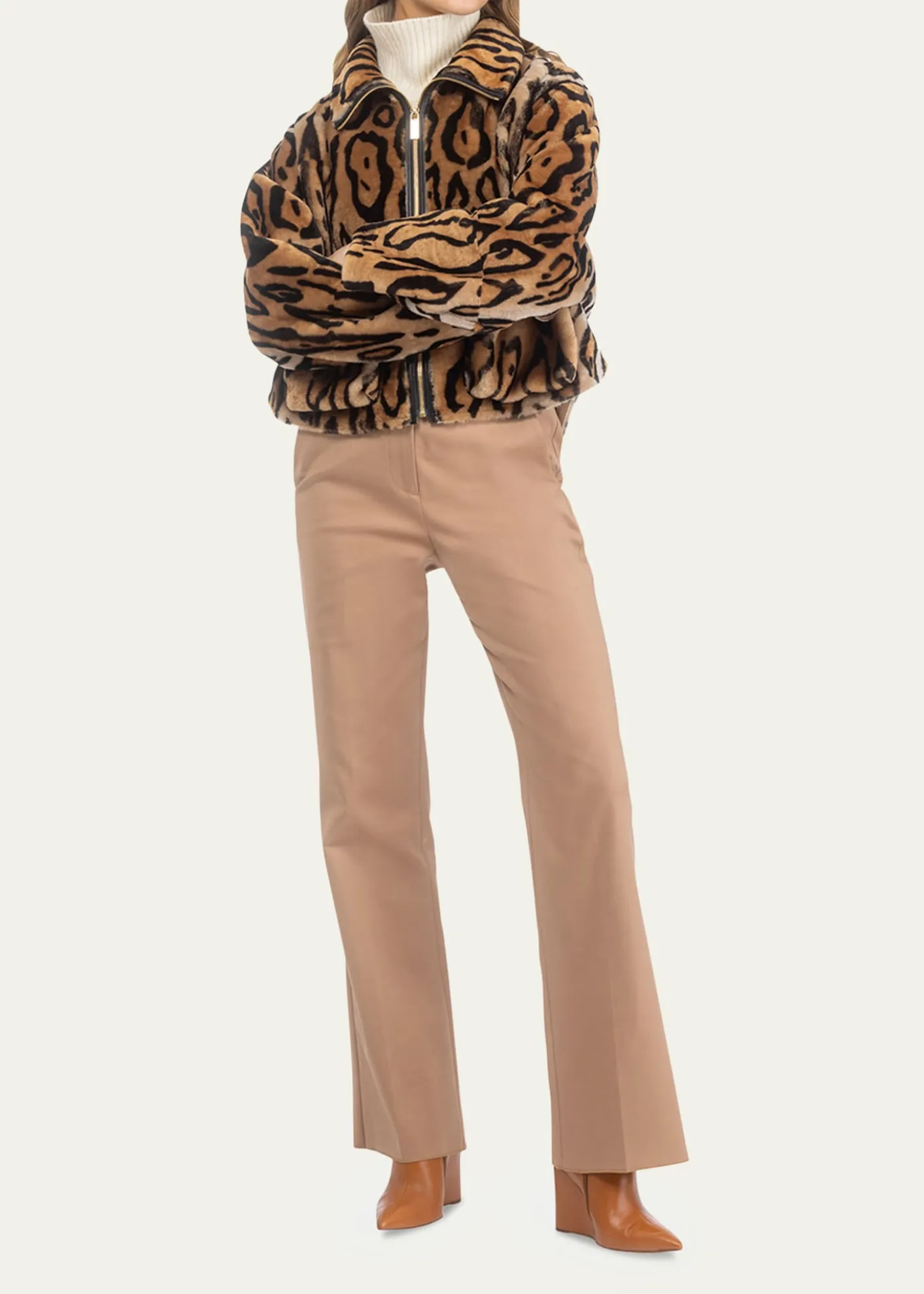 GorskiOcelot-Print Shearling Lamb Zip Jacket