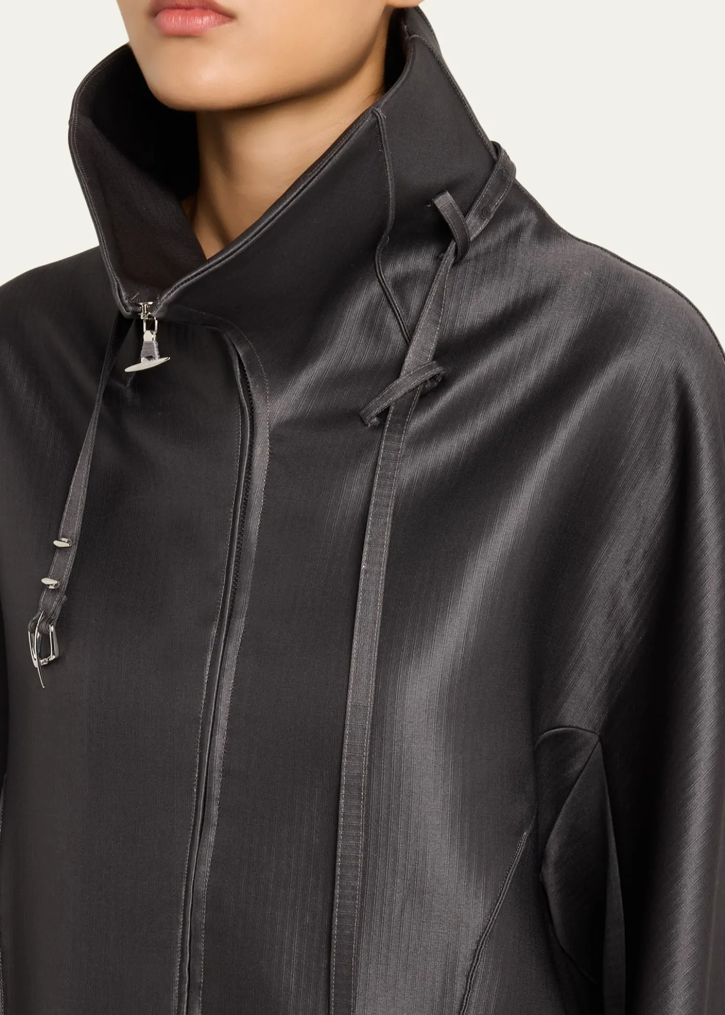GRACE LINGBelted Collar Striped Wool Oversized Jacket