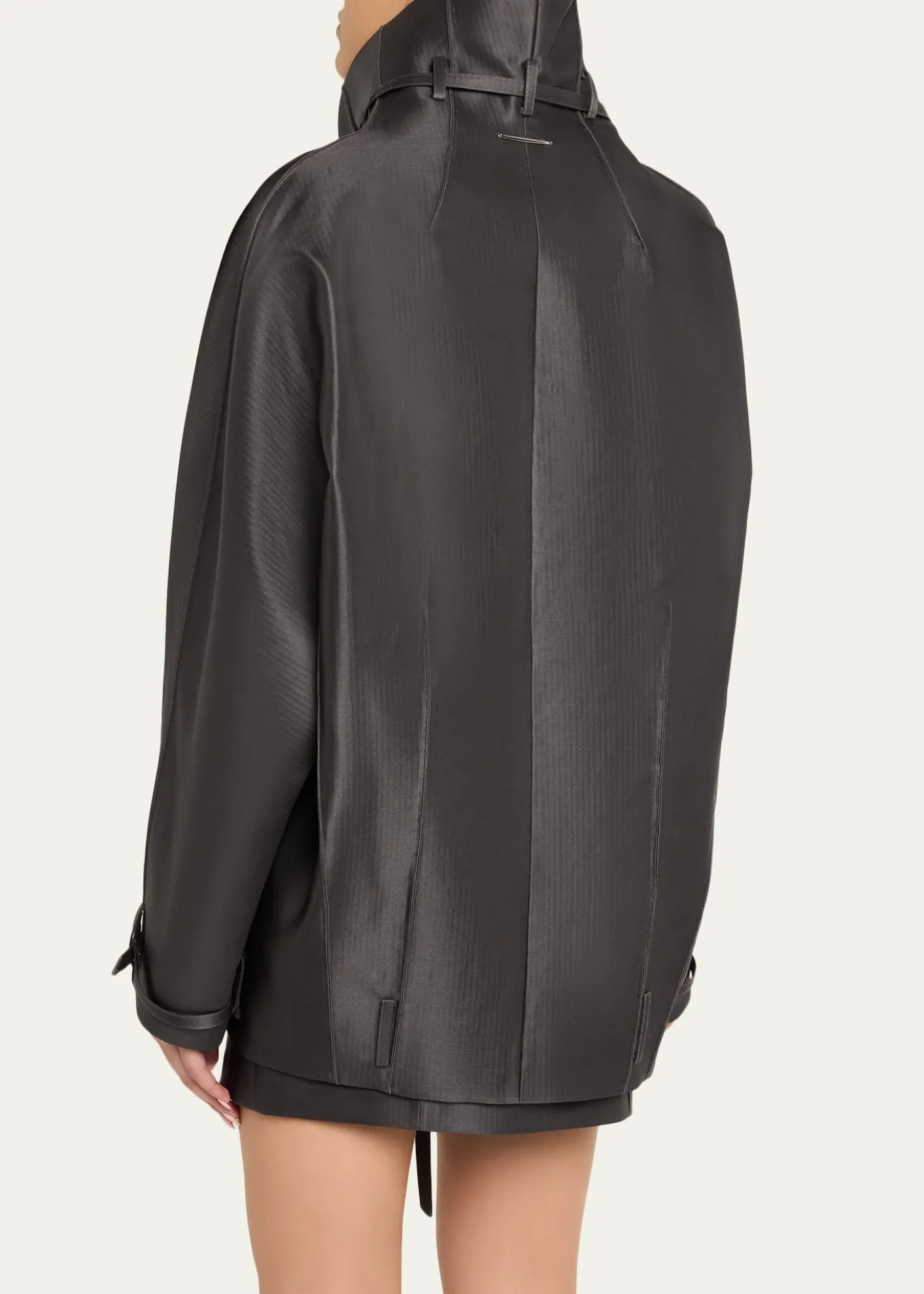 GRACE LINGBelted Collar Striped Wool Oversized Jacket