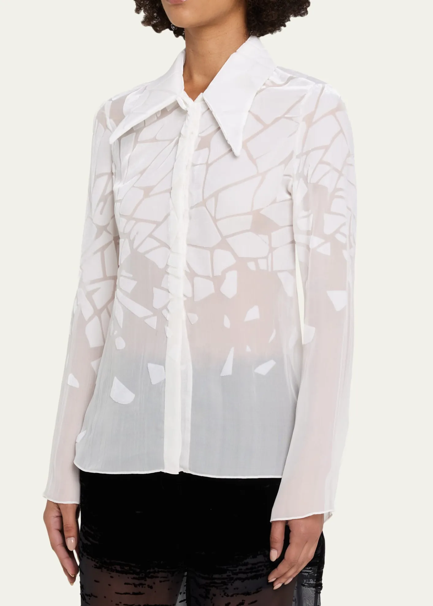 GRACE LINGCracked Velvet Devore Chiffon Button-Down Shirt