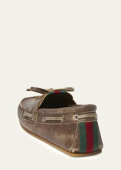 GucciMen's Web Washed-Effect Leather Boat Shoes