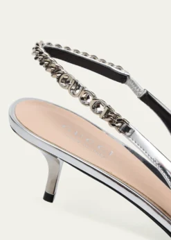 GucciSignoria Metallic Leather Chain Slingback Pumps