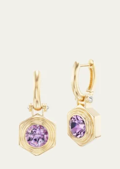 Harwell Godfrey18K Yellow Gold Hexed Drop Huggie Earrings with Diamonds and Amethyst