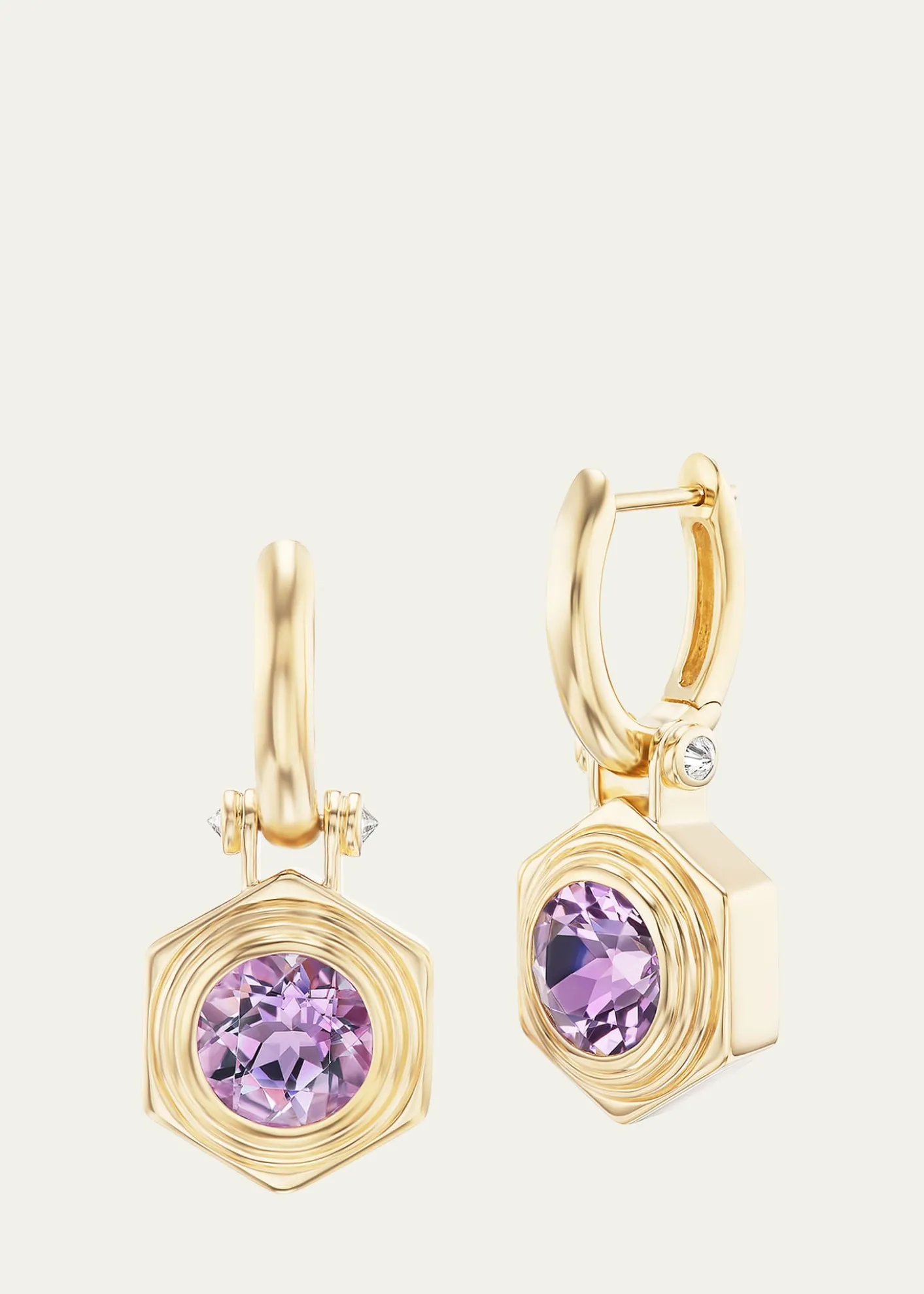 Harwell Godfrey18K Yellow Gold Hexed Drop Huggie Earrings with Diamonds and Amethyst