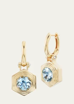 Harwell Godfrey18K Yellow Gold Hexed Drop Huggie Earrings with Diamonds and Aquamarine