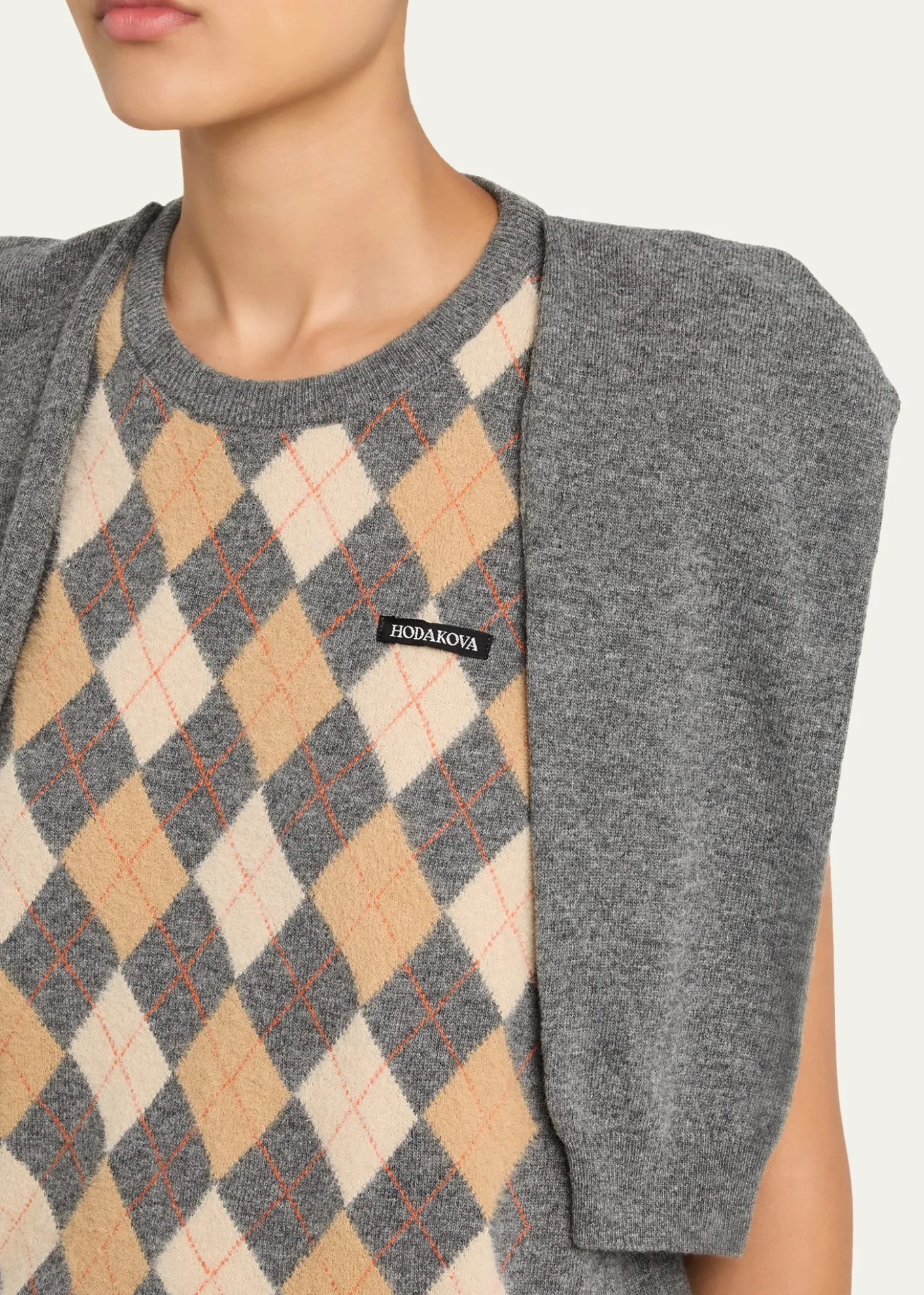 HODAKOVAArgyle Knitted Draped-Sleeve Sweater Vest