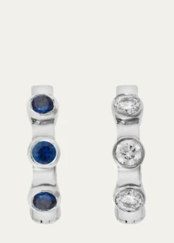 ILEANA MAKRI18K White Gold Midi Hoop Earrings with White Diamonds and Blue Sapphires