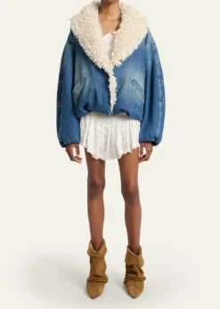 Isabel MarantCharone Short Denim Jacket with Faux Fur Trim