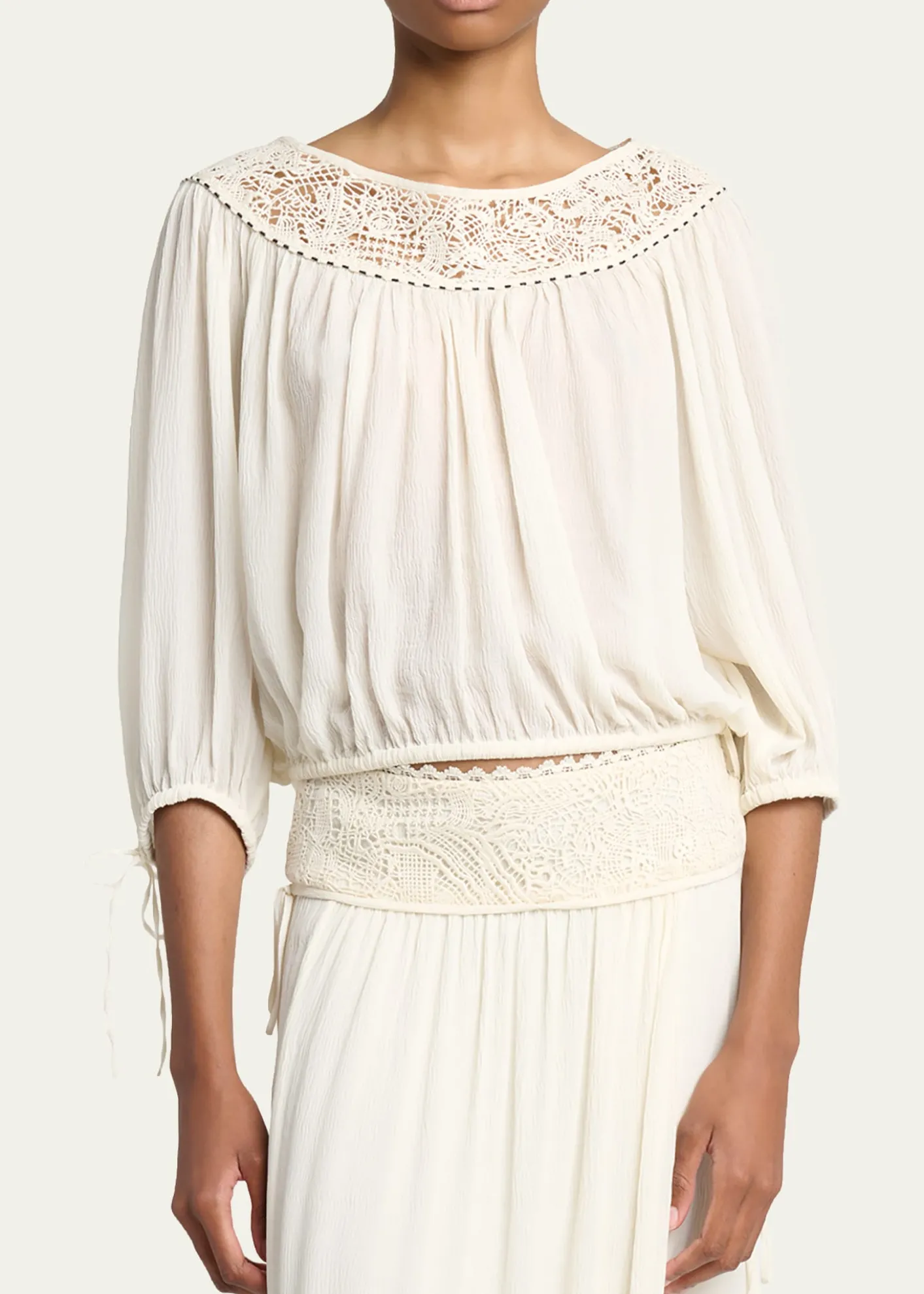 Isabel MarantNelida Guipure Lace-Trim Silk Gauze Drawstring Blouse