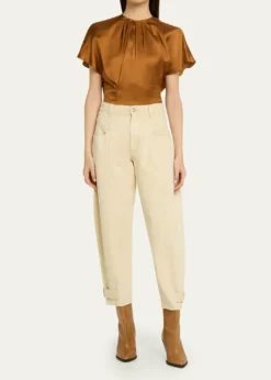 Isabel MarantSakine Pleated Short-Sleeve Satin Top