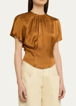Isabel MarantSakine Pleated Short-Sleeve Satin Top
