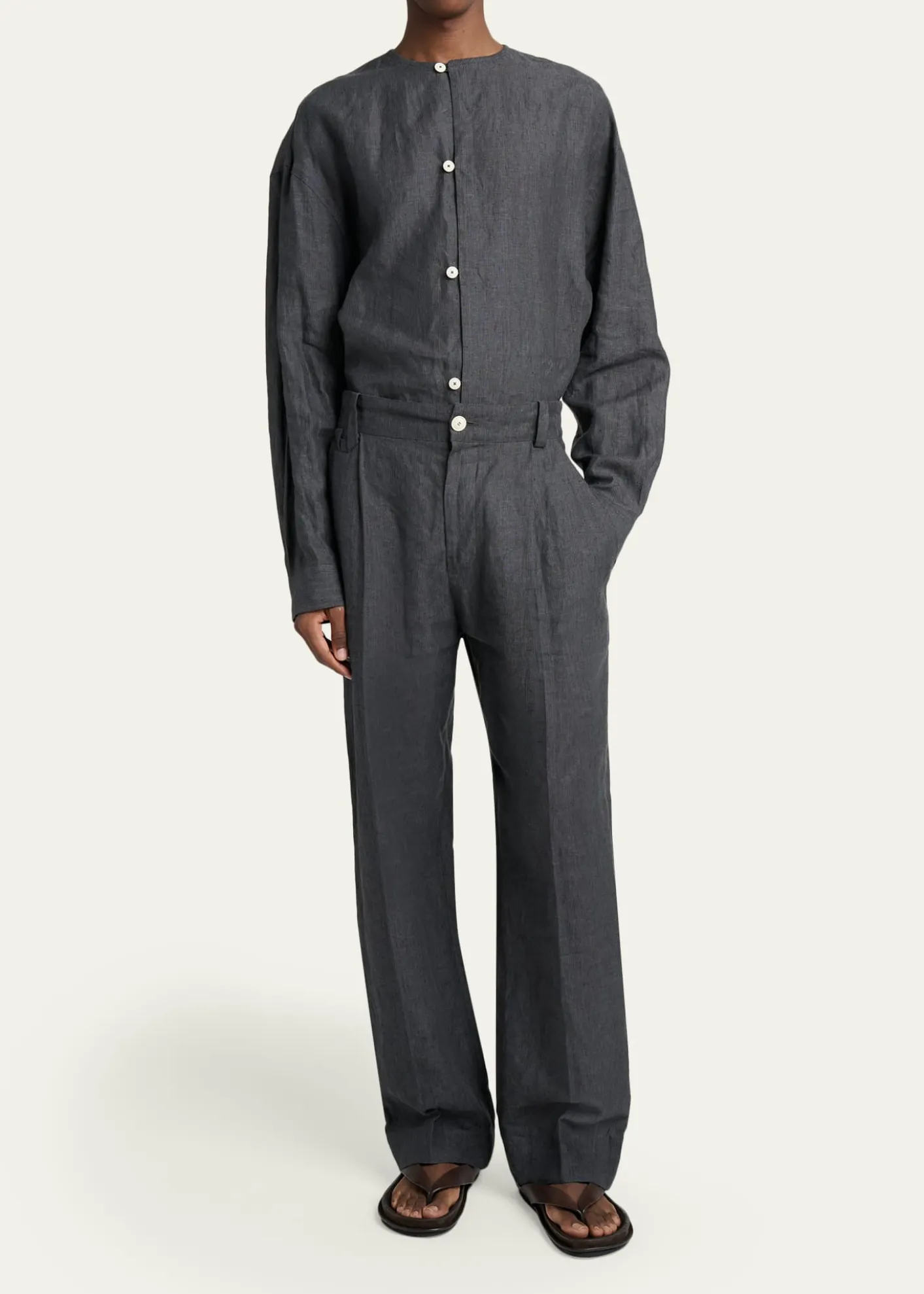 JacquemusMen's Linen Hairline Stripe Pleated Trousers
