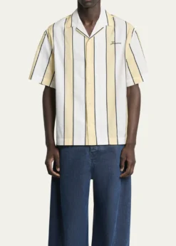 JacquemusMen's Cotton Stripe Logo Camp Shirt