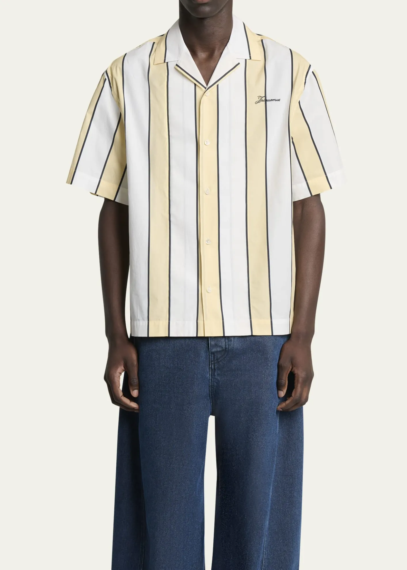 JacquemusMen's Cotton Stripe Logo Camp Shirt