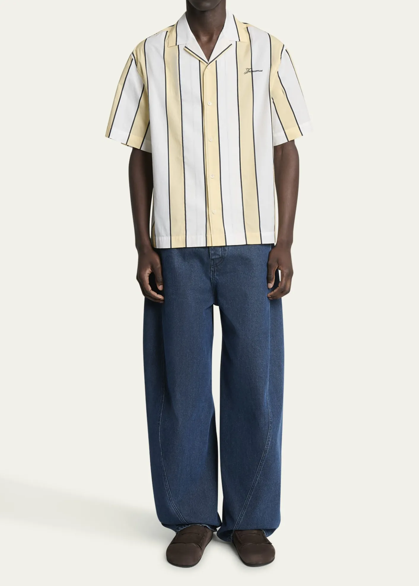 JacquemusMen's Cotton Stripe Logo Camp Shirt