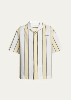 JacquemusMen's Cotton Stripe Logo Camp Shirt