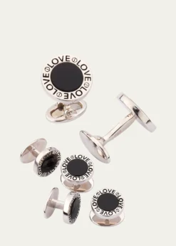 Jan LeslieMen's Black Onyx Love Sterling Silver Cufflink and Stud Set