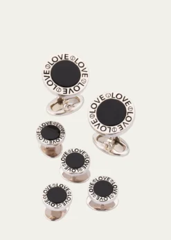 Jan LeslieMen's Black Onyx Love Sterling Silver Cufflink and Stud Set