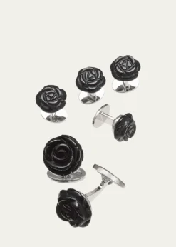 Jan LeslieOnyx Carved Rose Tuxedo Cuff Link and Stud Set