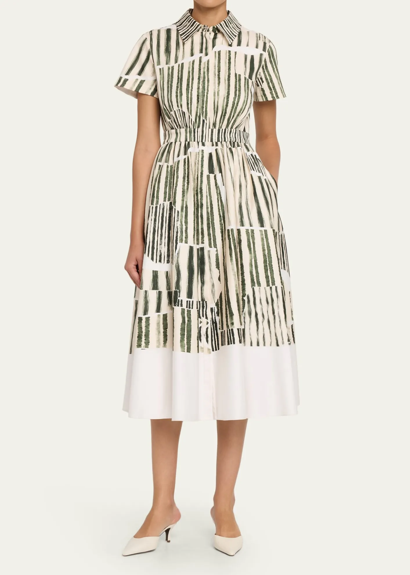 Jason Wu CollectionStripe Collage-Print Short-Sleeve Midi Shirtdress