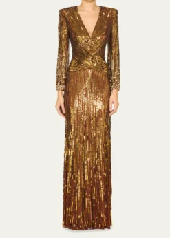 Jenny PackhamCosmos Long-Sleeve V-Neck Sequin Gown